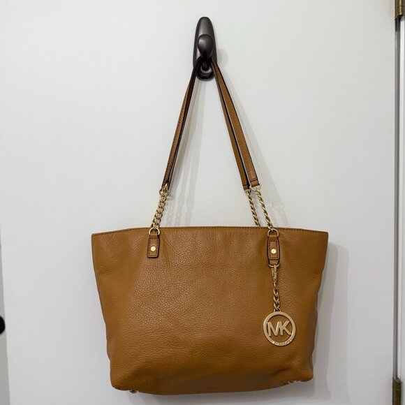 Michael Kors Tan/Caramel Leather with Gold Chains and Charm Hand Bag - Picture 1 of 9